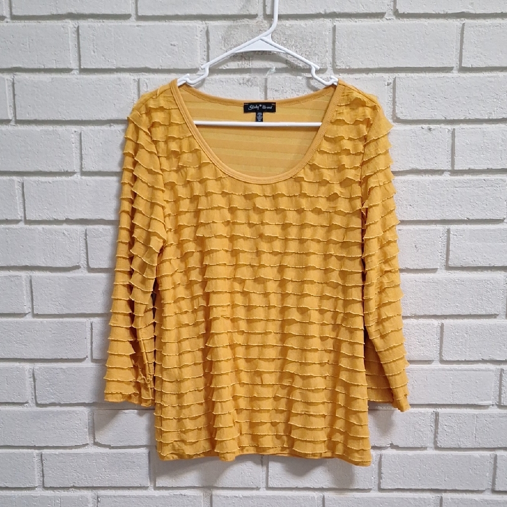 Slinky Brand Mustard Ruffled Blouse. Size Medium